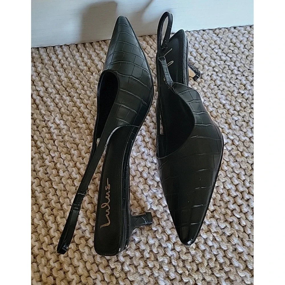 Lulus Boden Black Croc-embossed Kitten Heel Slingback Pumps - Size 9 - Picture 8 of 10